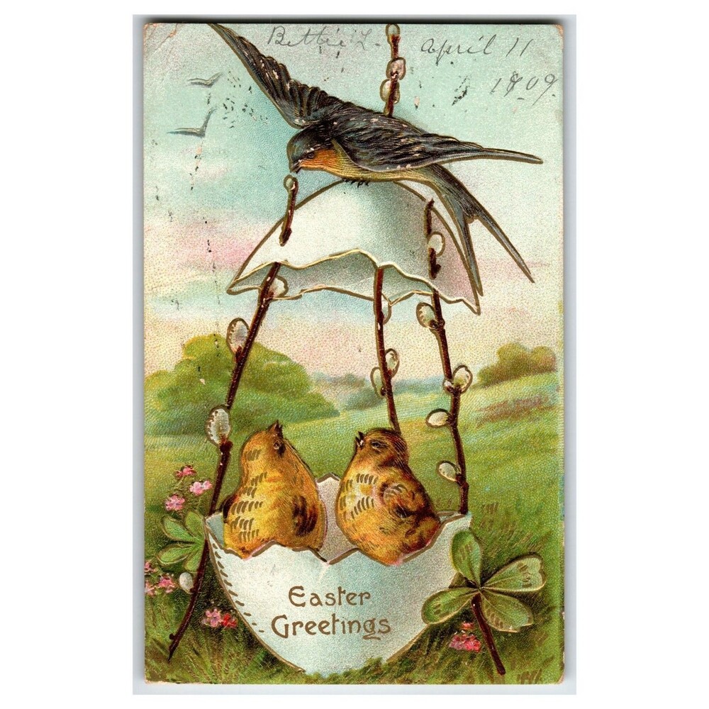 Vintage Easter Chicks Swallow Willows Embossed Postcard 1909 Posted